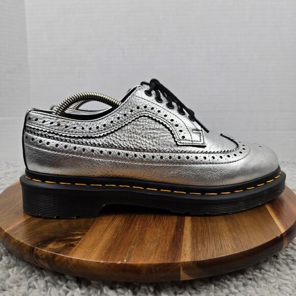 Dr. Martens Womens 8 3989 Metallic Silver Leather Brogue Long Wingtip Oxford - Picture 3 of 15